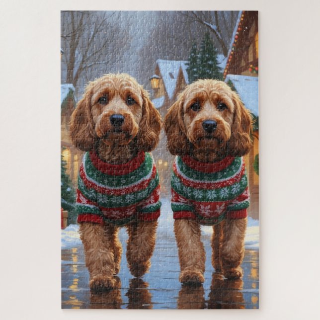 Quebra-cabeça Cães Cockapoo Natal Neve Férias  (Vertical)