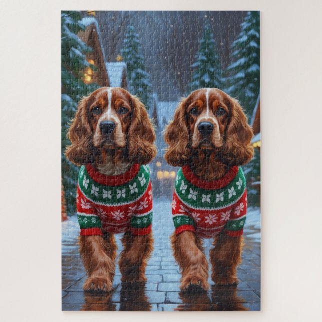 Quebra-cabeça Cães Cocker Spaniel Natal Neve Férias (Vertical)