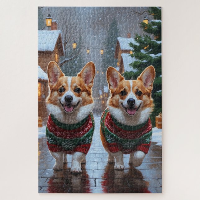Quebra-cabeça Cães Corgi Natal Neve Férias (Vertical)