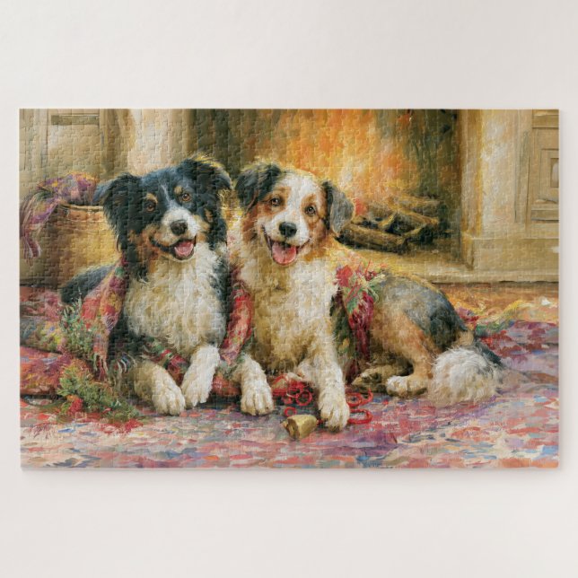 Quebra-cabeça Cães de Natal Lareira Rústica Pintura Nostálgica (Horizontal)