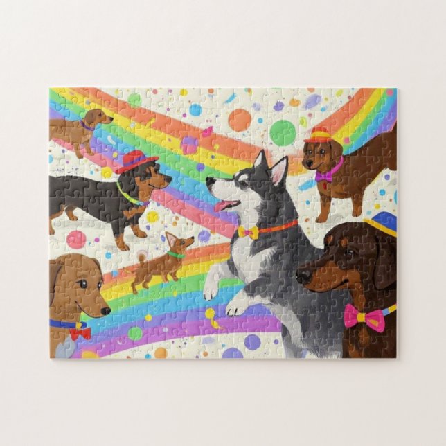 Quebra-cabeça Cães divertidos e bonitos com arco-íris (Horizontal)