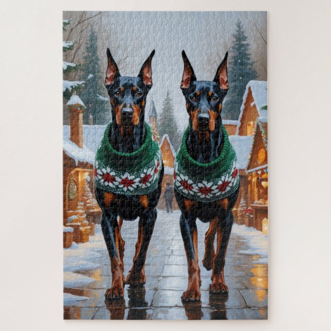 Quebra-cabeça Cães Doberman Natal Neve Feriado (Vertical)