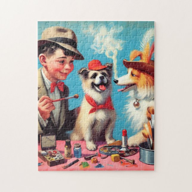 Quebra-cabeça Cães Felizes De Pintura De Óleo Retro (Vertical)