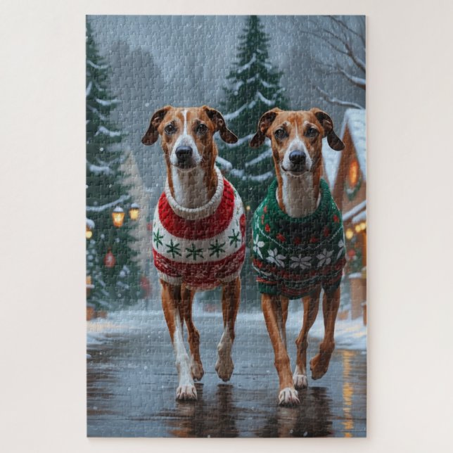 Quebra-cabeça Cães Greyhound Natal Neve Feriado (Vertical)