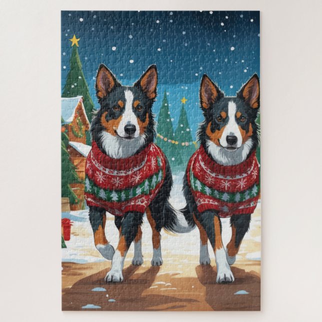 Quebra-cabeça Cães Kelpie Australianos Natal Neve Férias (Vertical)