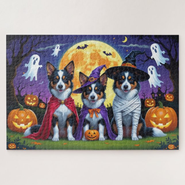 Quebra-cabeça Cães Kelpies Australianos Pumpkin Halloween Engraç (Horizontal)