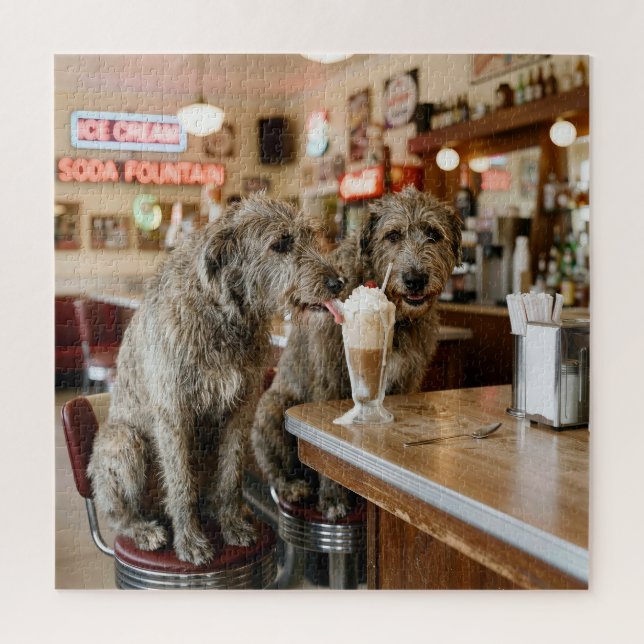 Quebra-cabeça Cães Lobos Irlandeses Compartilhando um Milkshake (Vertical)