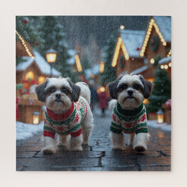 Quebra-cabeça Cães Malti Tzu Natal Neve Férias (Vertical)
