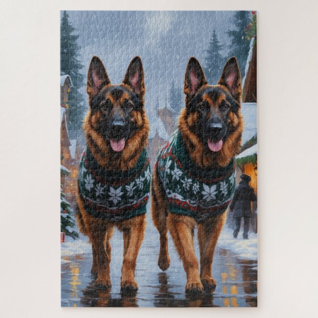 Quebra-cabeça Cães Pastor Alemão Natal Neve Férias (Vertical)