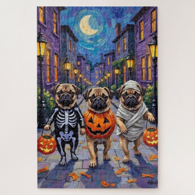 Quebra-cabeça Cães Pug Trick-or-Treating em Fantasias de Hallowe (Vertical)