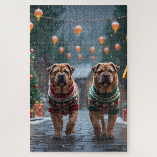 Quebra-cabeça Cães Shar Pei Natal Neve Férias (Vertical)