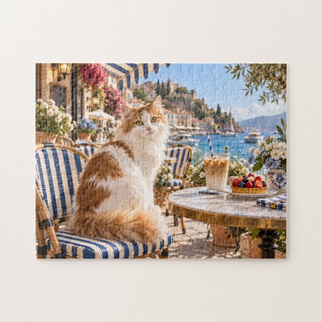 Quebra-cabeça Café Costeiro com Gato Sentado à Beira-Mar com Caf (Horizontal)