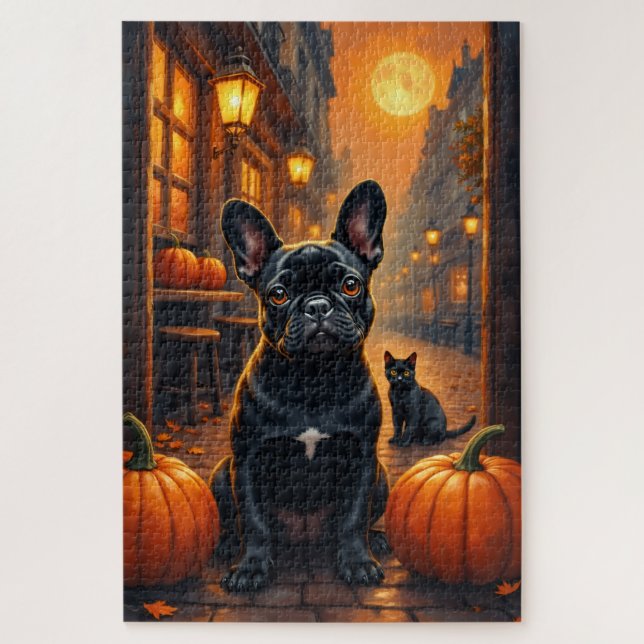 Quebra-cabeça Café Gótico de Bulldog Francês Arte de Halloween (Vertical)