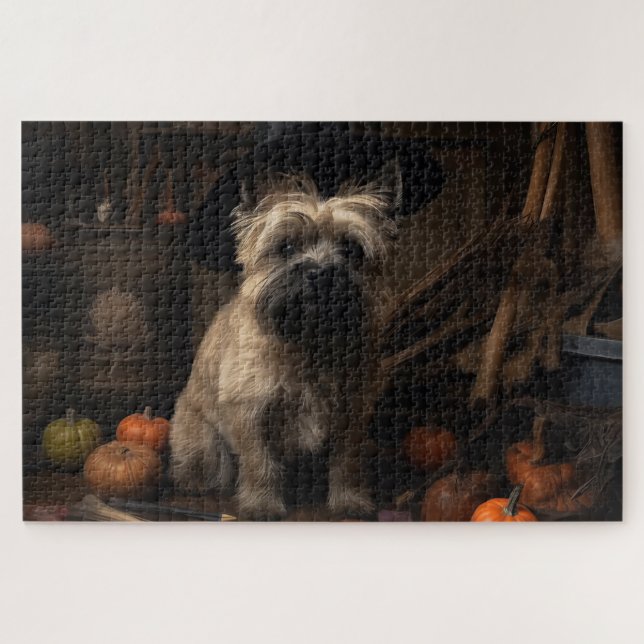 Quebra-cabeça Cairn Terrier Abóboras Halloween Assustador (Horizontal)