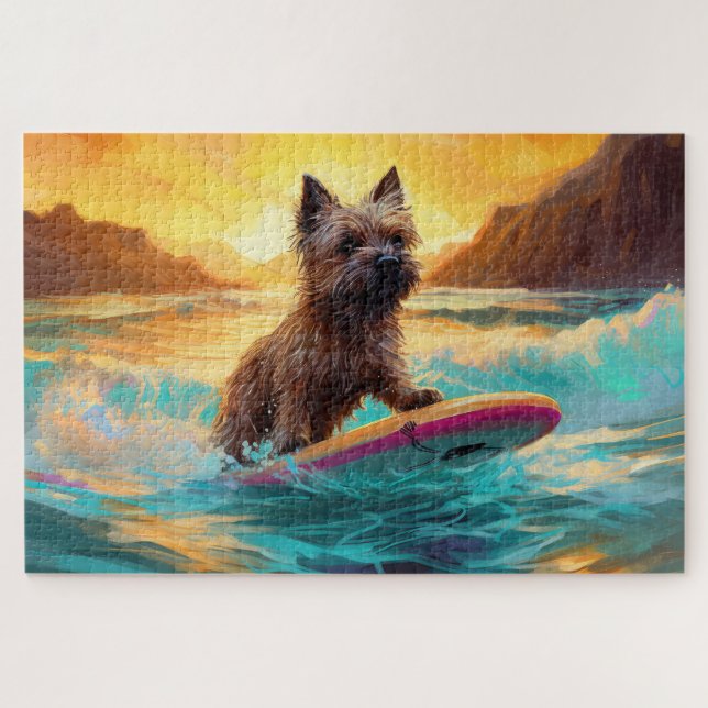 Quebra-cabeça Cairn Terrier Beach Surfing Painting (Horizontal)