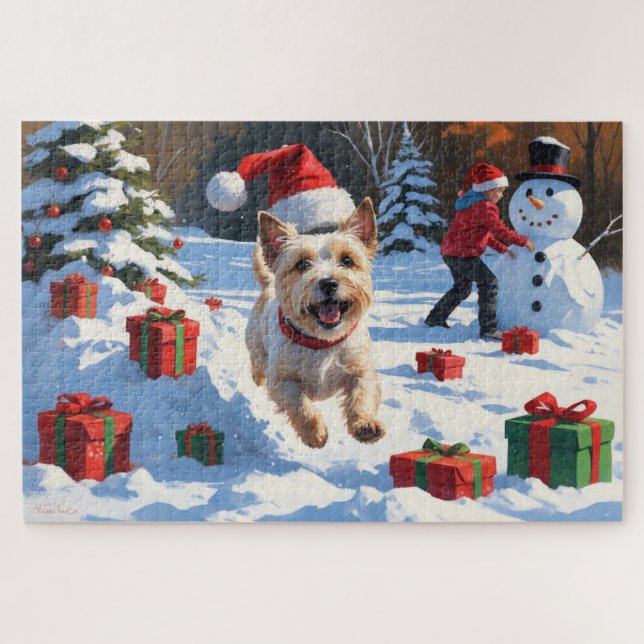 Quebra-cabeça Cairn Terrier Correndo na Neve com Chapéu de Natal (Horizontal)