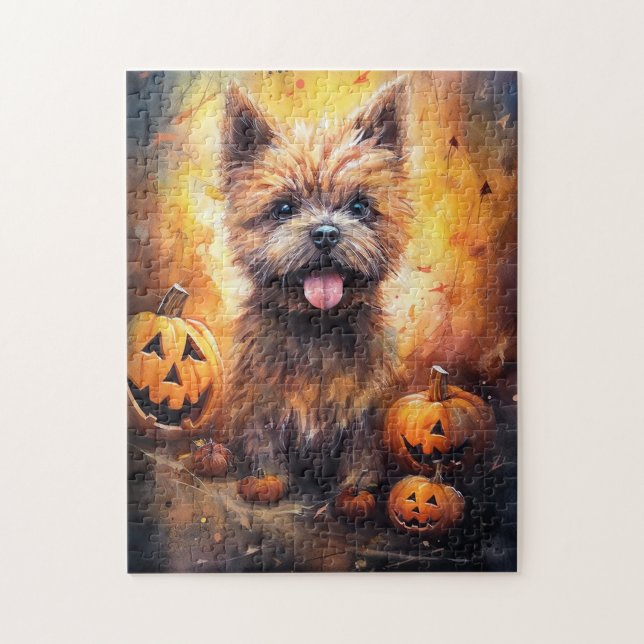 Quebra-cabeça Cairn Terrier de Halloween com Abóboras Assustador (Vertical)