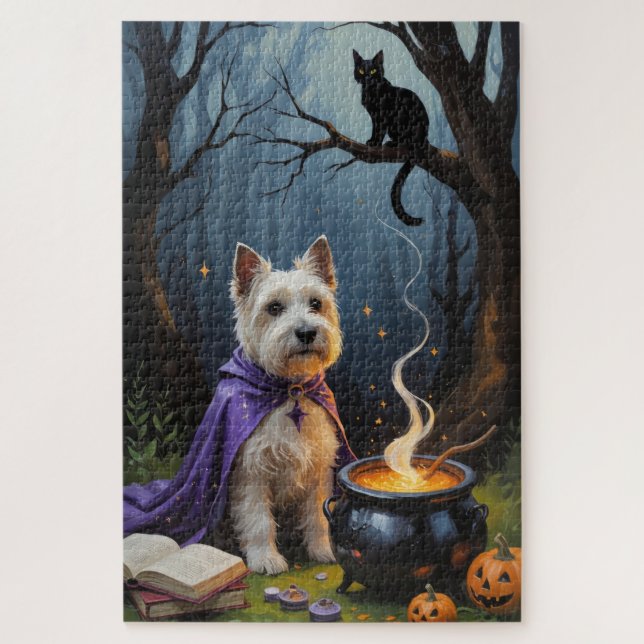 Quebra-cabeça Cairn Terrier Dog Whimsical Halloween Painting (Vertical)