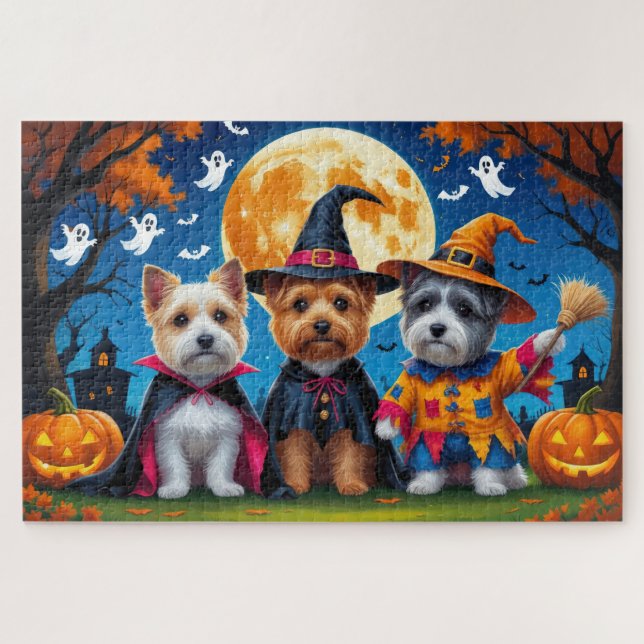 Quebra-cabeça Cairn Terrier Dogs Pumpkin Halloween Engraçado (Horizontal)