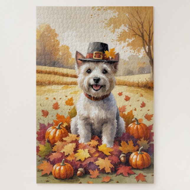Quebra-cabeça Cairn Terrier em Folhas de Outono Arte de Ação de  (Vertical)