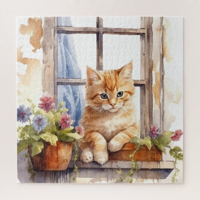 Quebra-cabeça Caixa de Flores da Janela do Gatinho Amarelo Pintu (Vertical)