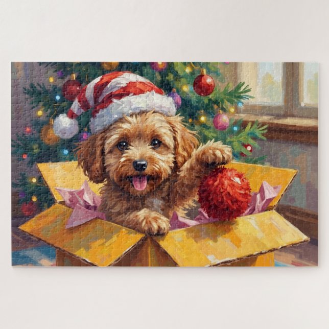Quebra-cabeça Caixa Surpresa de Natal com Cachorro Cockapoo (Horizontal)