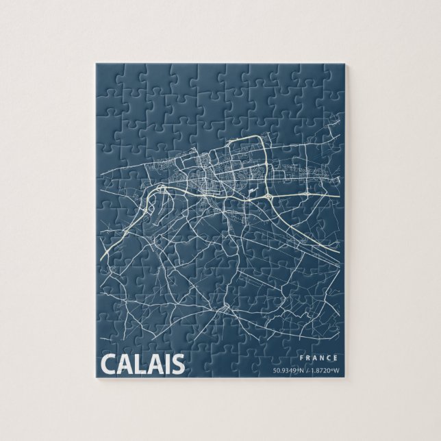 Quebra-cabeça Calais França Mínimalista Mapa de Arte em Azul (Vertical)