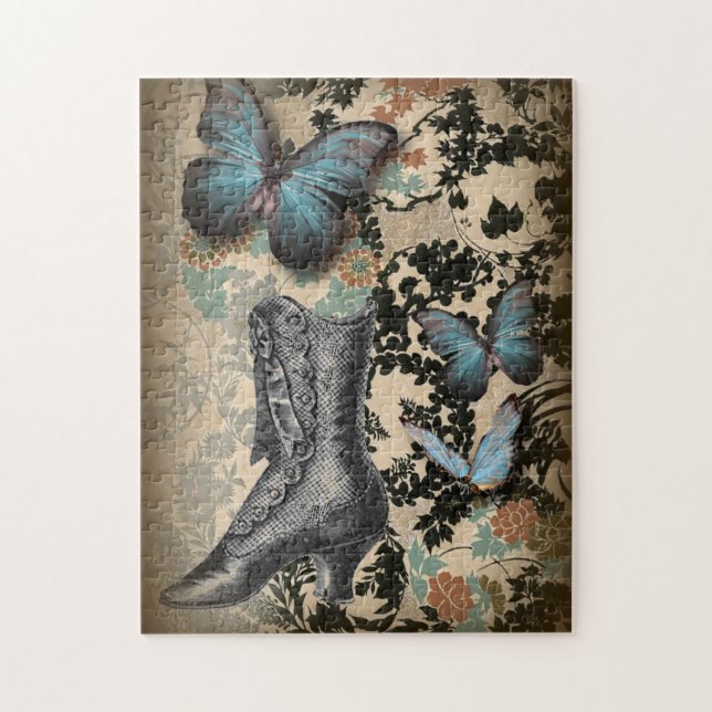 Quebra-cabeça calçado vitoriano da borboleta floral steampunk (Vertical)