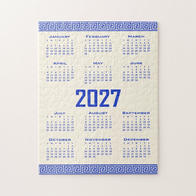 Quebra-cabeça Calendário 2027, Fretwork Grego, Azul Grego Cosmic (Vertical)
