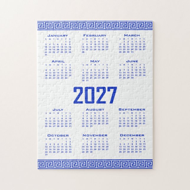 Quebra-cabeça Calendário 2027, Fretwork Grego, Azul Grego sobre  (Vertical)