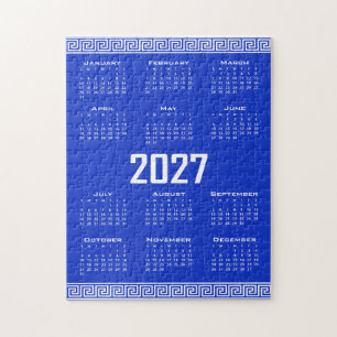 Quebra-cabeça Calendário 2027, Fretwork Grego, Branco sobre Azul