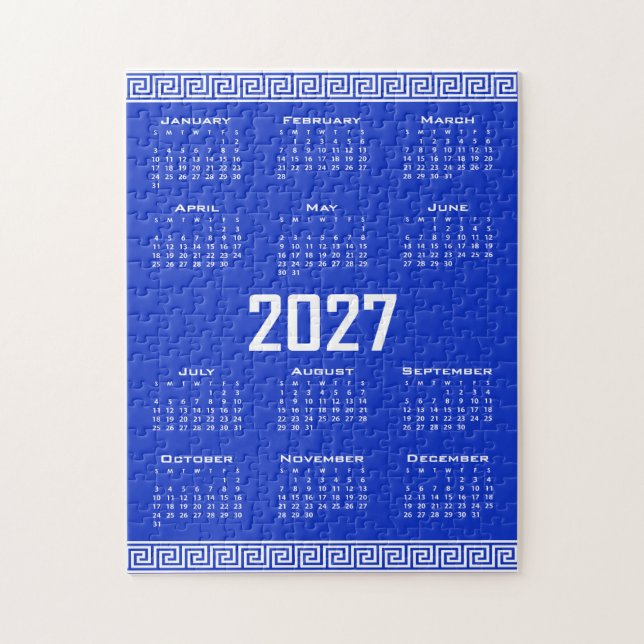 Quebra-cabeça Calendário 2027, Fretwork Grego, Branco sobre Azul (Vertical)