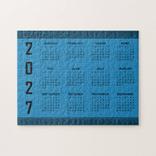 Quebra-cabeça Calendário 2027, Fretwork Grego, Preto no Azul Cos