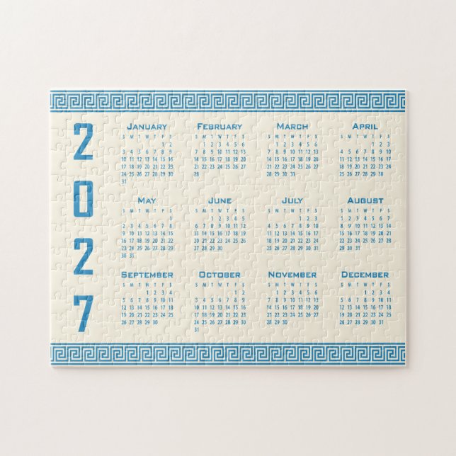 Quebra-cabeça Calendário de 2027, Fretwork Grego, Azul no Cosmic (Horizontal)