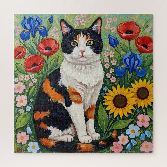 Quebra-cabeça Calico Cat and Folk Art Sunflowers (Vertical)