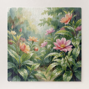 Quebra-cabeça Camélia Flores Jardim Chuvoso Aquarela