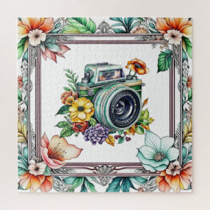 Quebra-cabeça Câmera Antiga com Flores Bonitas Aquarela