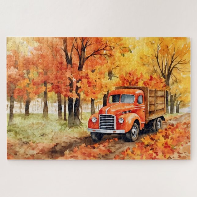 Quebra-cabeça Caminhão Antigo Laranja em Outono 20x30 (Horizontal)