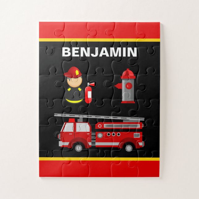 Quebra-cabeça Caminhão de Bombeiros Bombeiro Nome Personalizado  (Vertical)