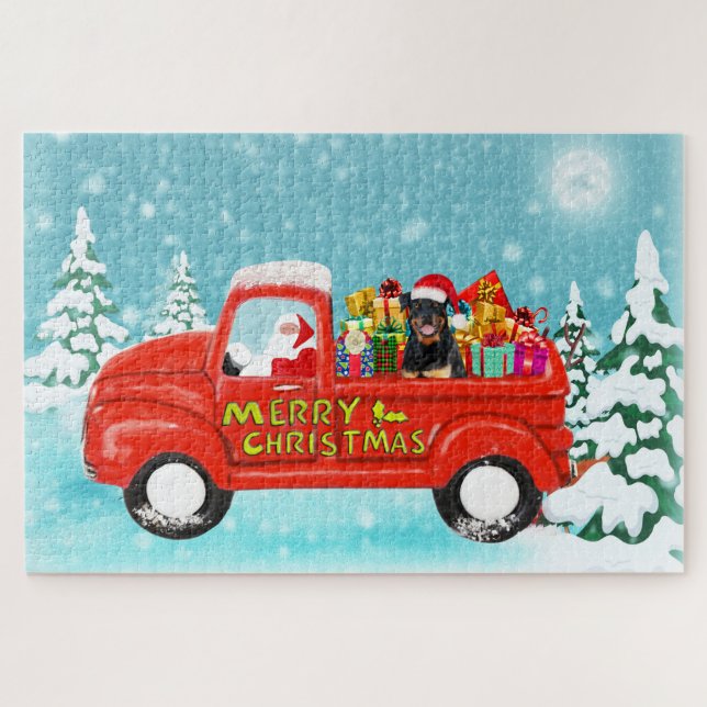 Quebra-cabeça Caminhão de Entrega de Natal do Cão Rottweiler (Horizontal)