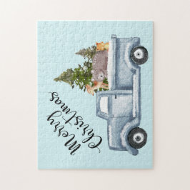 Quebra-cabeça Caminhão de Natal com Pinheiros e Animais Floresta