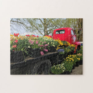 Quebra-cabeça Caminhão Vermelho com Flores de primavera e Arco-Í