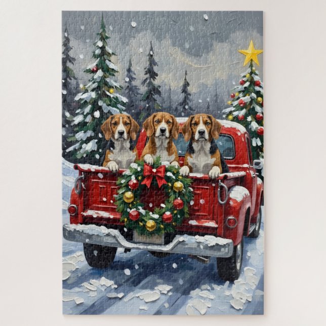 Quebra-cabeça Caminhão Vermelho de Natal Beagle Férias (Vertical)