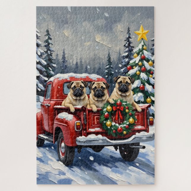Quebra-cabeça Caminhão Vermelho de Natal Pug Férias (Vertical)