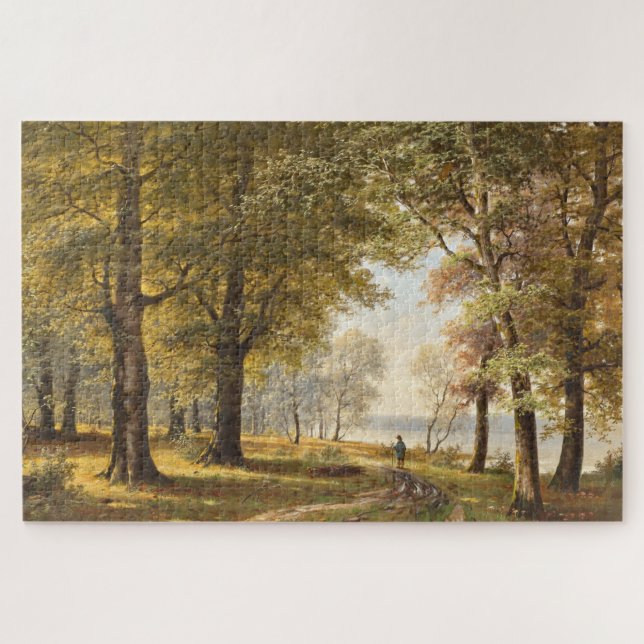 Quebra-cabeça Caminho da Floresta com Hiker no outono (Horizontal)