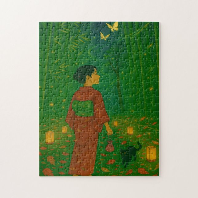 Quebra-cabeça Caminho de Bambu encantado com Garota Kimono e Gat (Vertical)