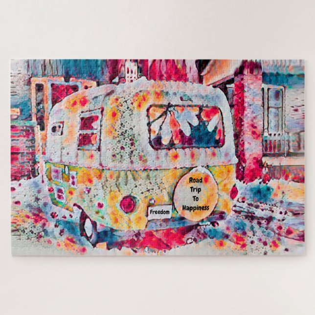 Quebra-cabeça Camper Retro Hippie Road Trip To Feliz Freedom (Horizontal)