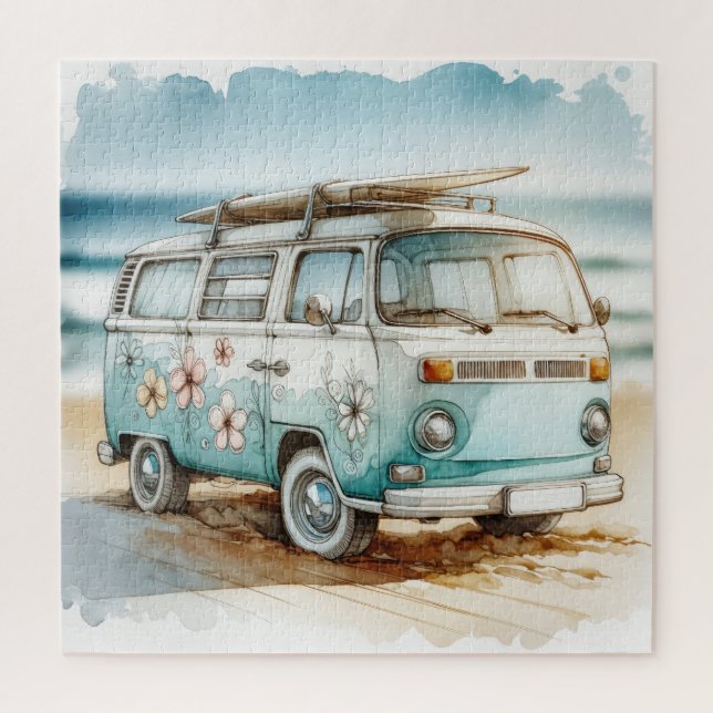 Quebra-cabeça Campervan Retro Aquarela Com Surfboard (Vertical)