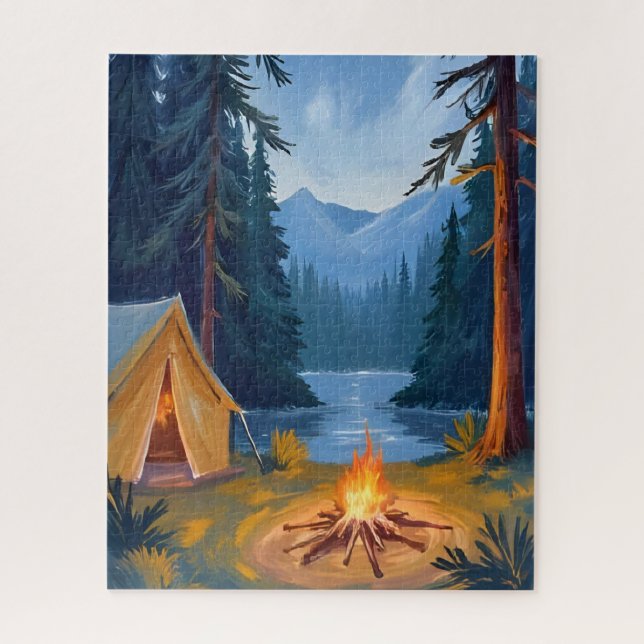 Quebra-cabeça Camping Trip Forest Campfire Tent Watercolor (Vertical)