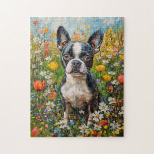 Quebra-cabeça Campo de flor selvagem Colorida de Boston Terrier
